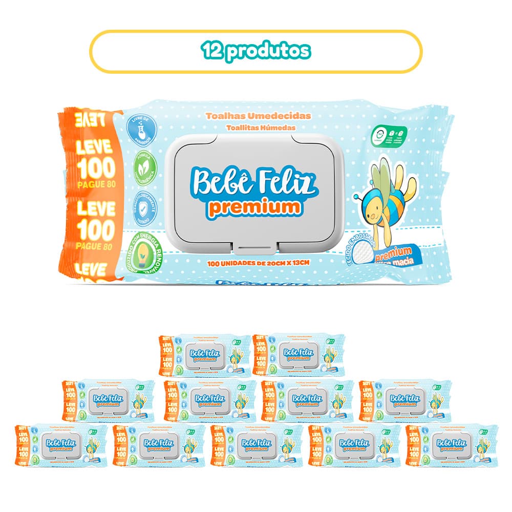 KIT 12 LENÇOS UMEDECIDO PREMIUM BEBÊ FELIZ 1200 FOLHAS 