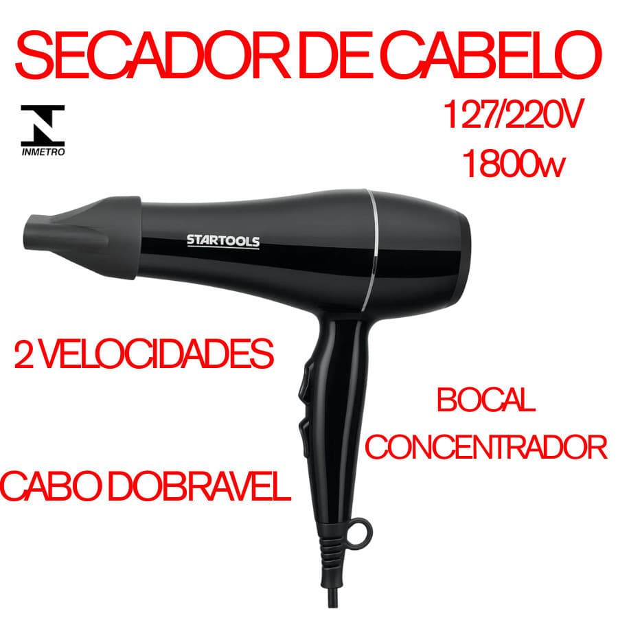 Secador De Cabelo Profissional Startools com Cabo Dobravel 1800W e 2 Modos de Uso