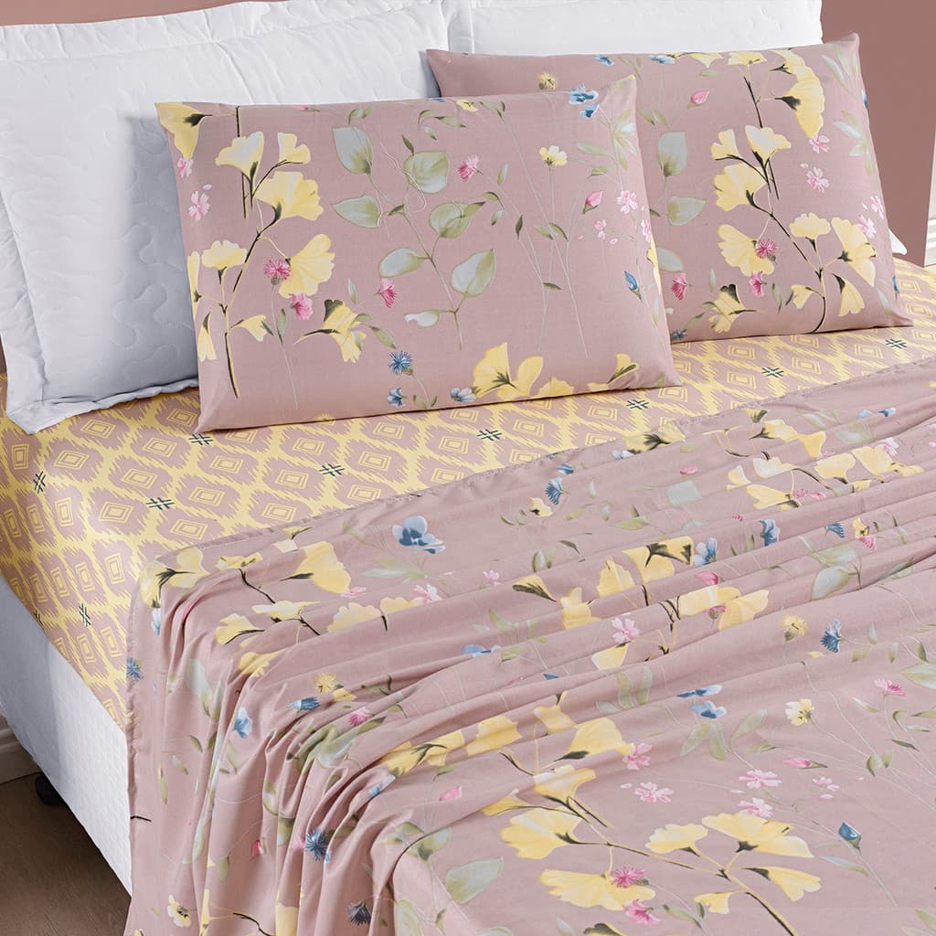 Jogo de Lençol Cama Casal Queen 4 Peças Bouti Estampado Lençol Plano e Elásticado