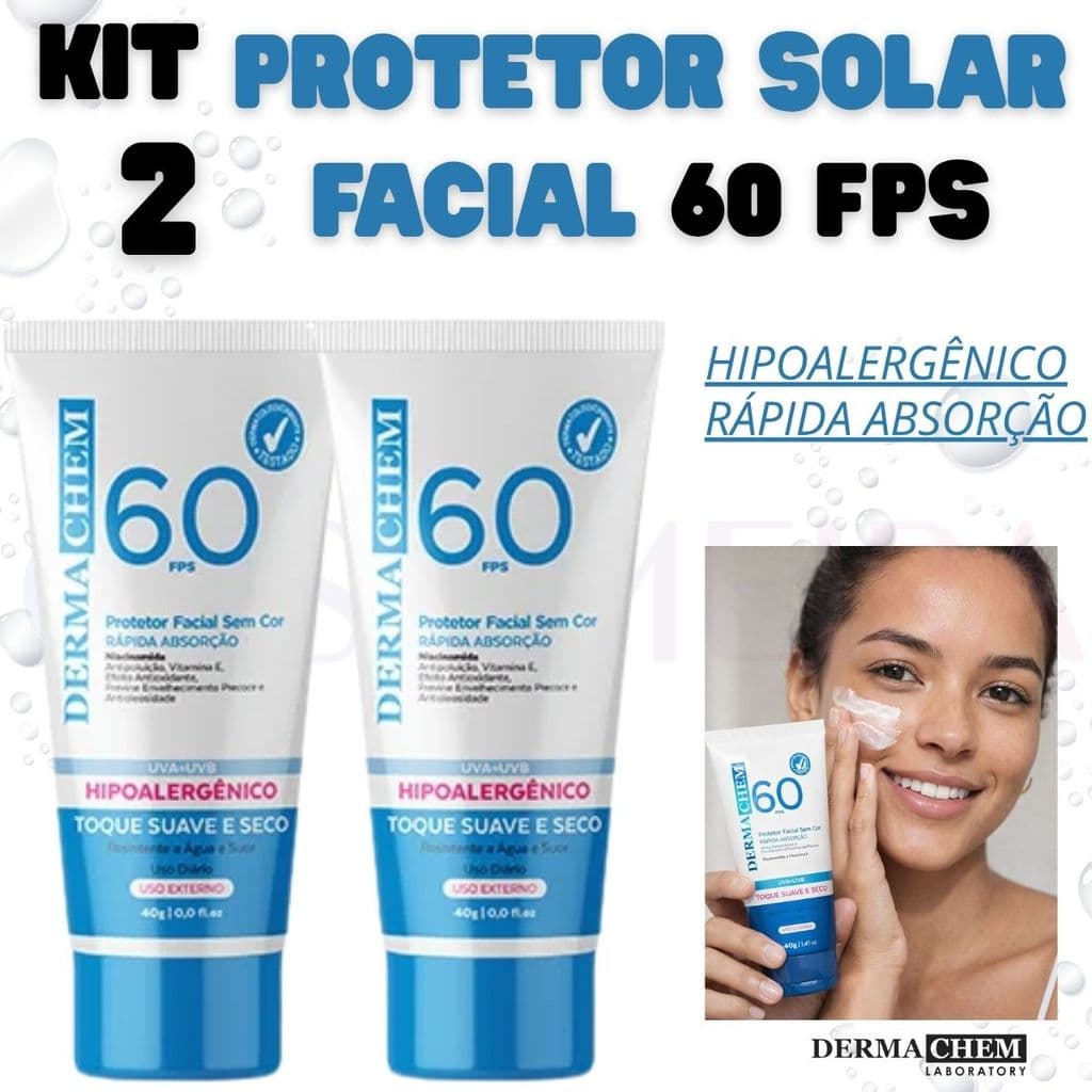 Kit 2 Protetor Solar Rosto Facial FPS60 40g Dermachem Rápida Absorção Hipoalergênico