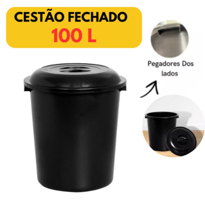 Cesto Fechado Organizador/Lixeira Com Tampa 100 Litros - Preto Multiuso Grande Area externa Banheiro