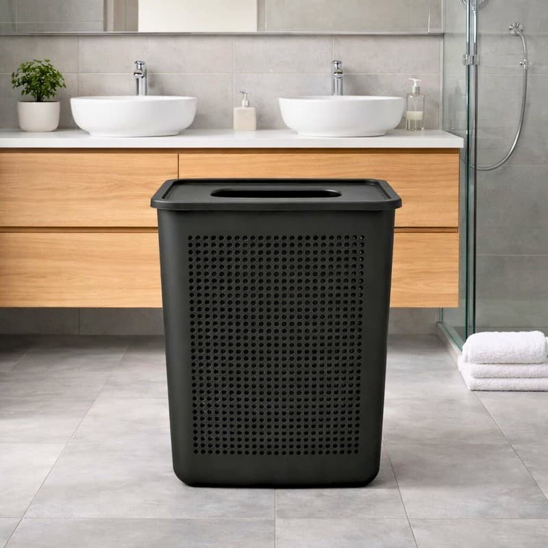 Cesto Roupa Flow 38L Tampa Preto Organizador Lavanderia Banheiro Quarto Resistente Moderno OU 