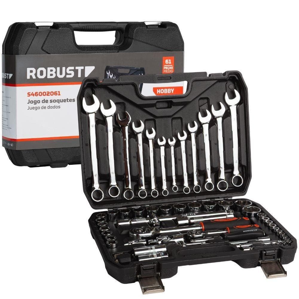 Jogo de Soquete com Chave Combinada e Catraca com 61 Peças Encaixe de 1/2" e 1/4" Polegadas ROBUST