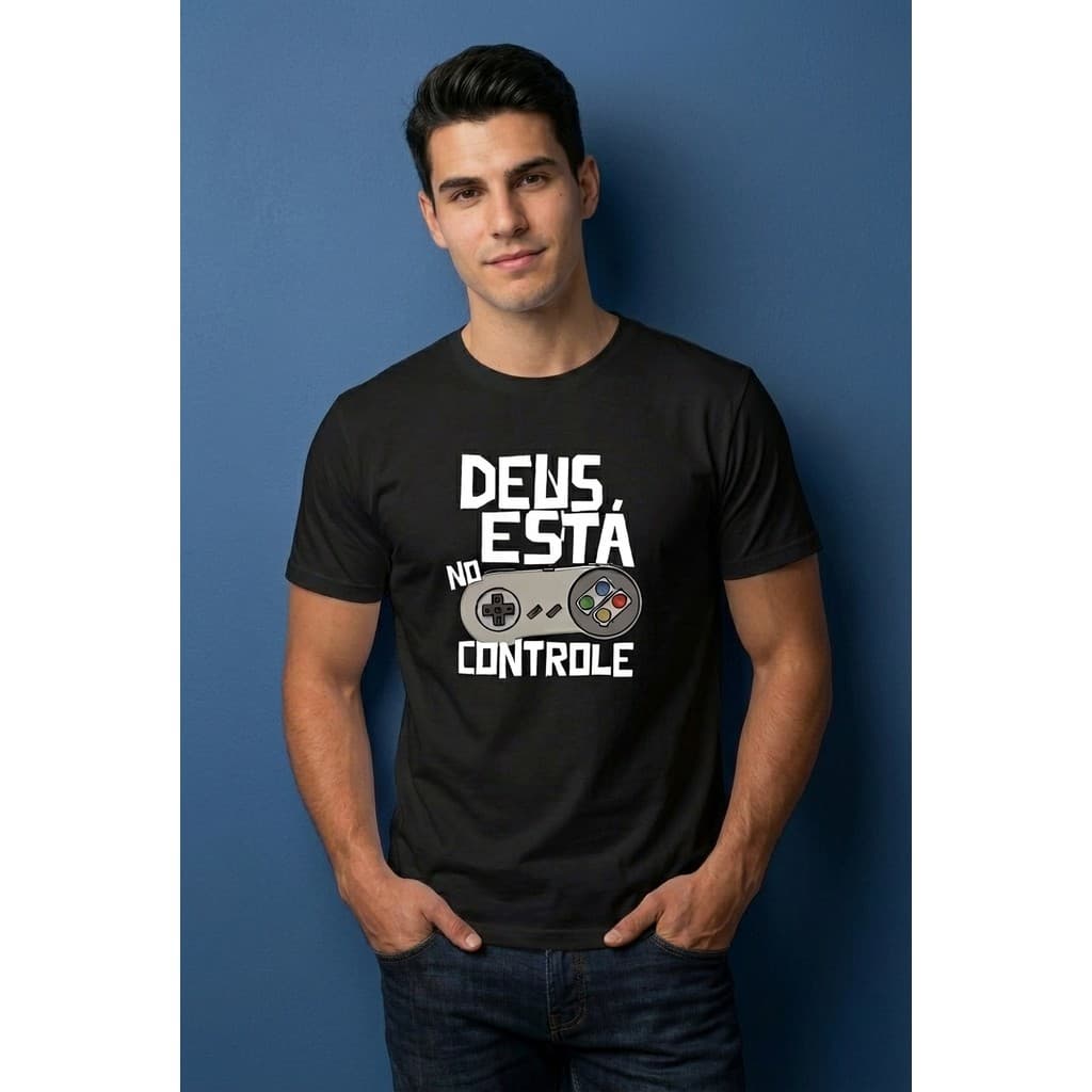 Camisa Branca Masculina Frase Cristã Controle Videogame Algodão Premium
