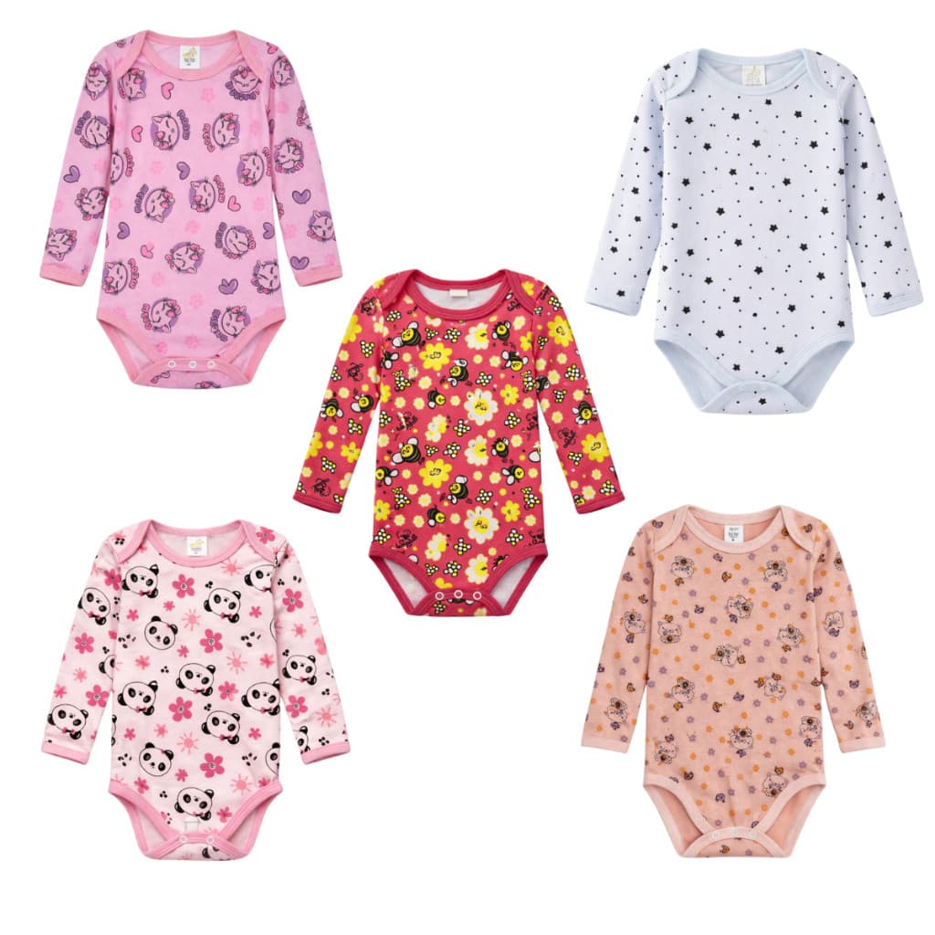 Kit 5 Peças Body Manga Longa Estampado Enxoval Roupa de Bebê 100%  Algodão