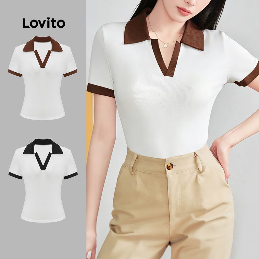 Lovito Casual Camiseta Feminina De Primavera E Verão Com Patchwork Gola Contrastante E Tecido Texturizado L121AD1107