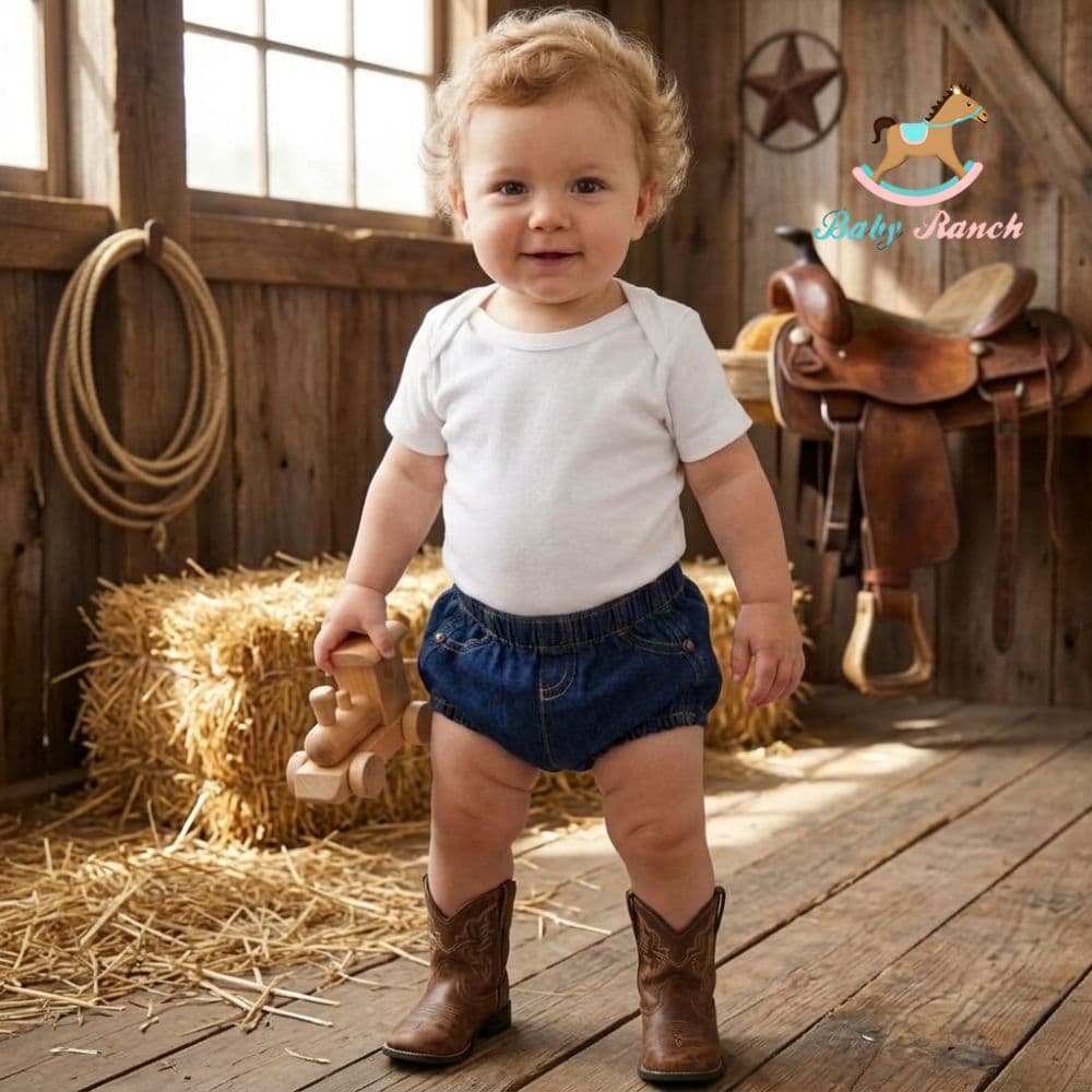 Tapa Fralda Baby Ranch Masculino Jeans Com Elastano Azul Escuro Amaciado Com Bolsos