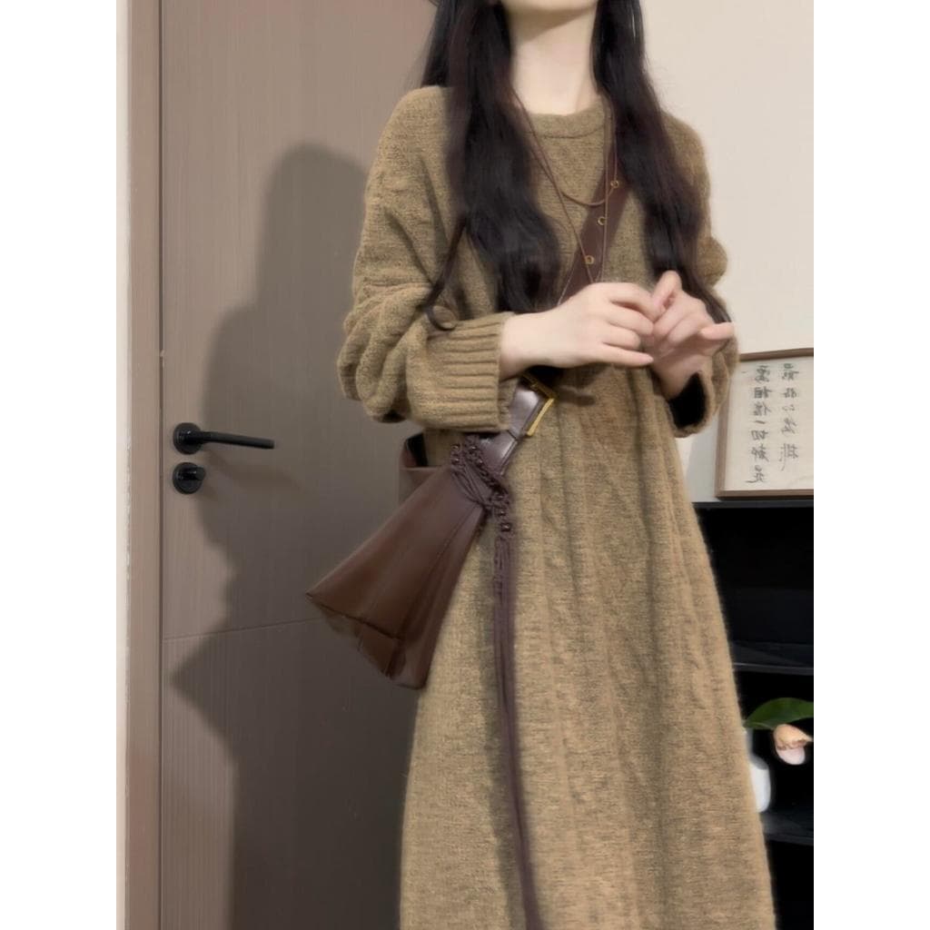 Estilo coreano Design estilo preguiçoso torção vestido de malha feminino solto longo camisola vestido outono inverno nov