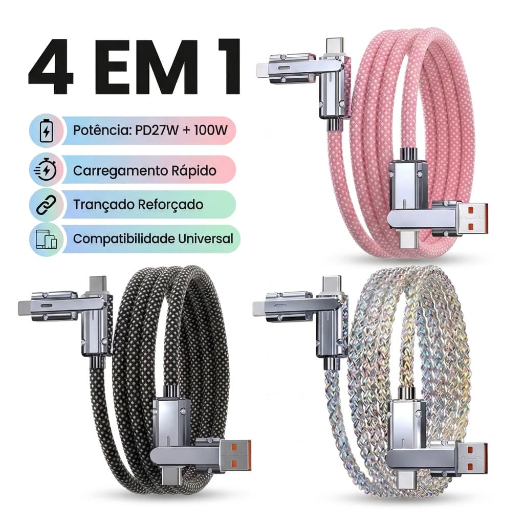 Cabo 4 em 1 100W Turbo Universal Reforçado para iPhone Tipo C Android Carregamento Rápido