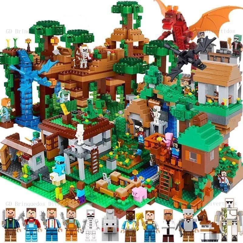 Blocos de Montar Meu Mundo Série Completa 1000 Peças - Selva, Vila, Fazenda, Casa, 29 Figuras, Educativo, Presente