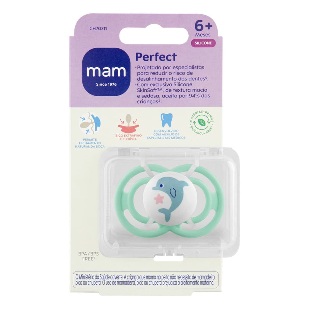 Chupeta MAM Perfect 6+ Meses Unitária Bico Bebê Menino Azul Chupeta Tamanho 2