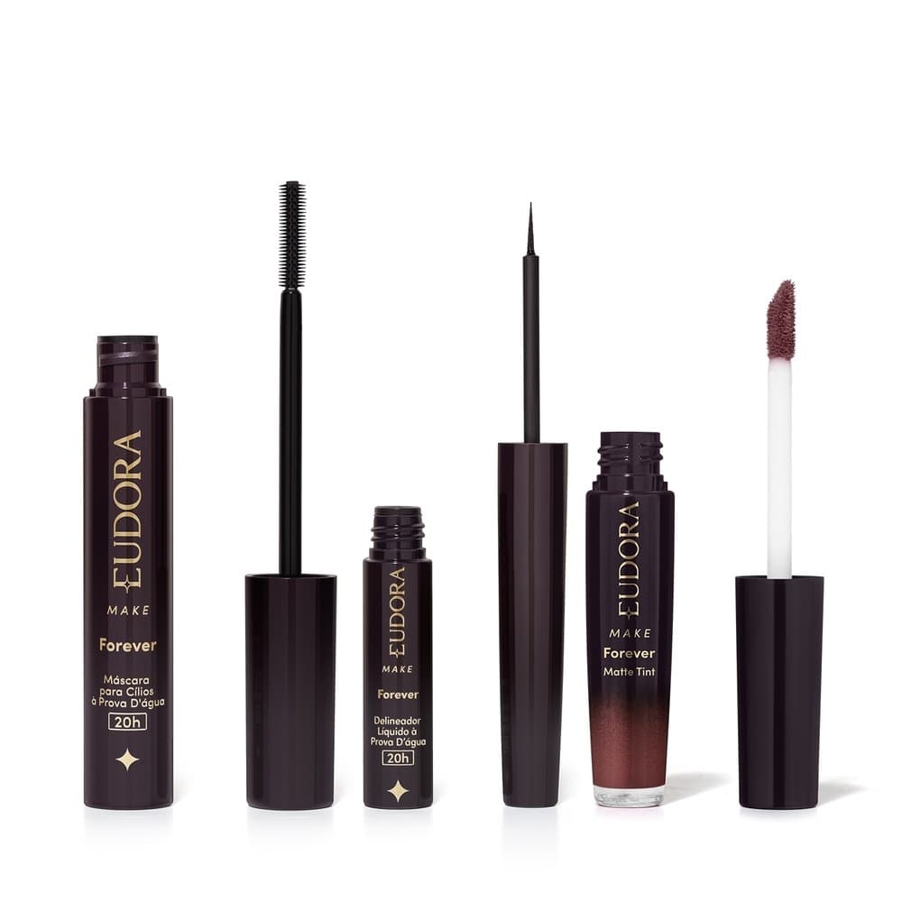 Combo Eudora Make Máscara Cílios Forever 8g + Delineador Líquido Forever 3ml + Batom Líquido Matte Tint Rose Vintage 4ml