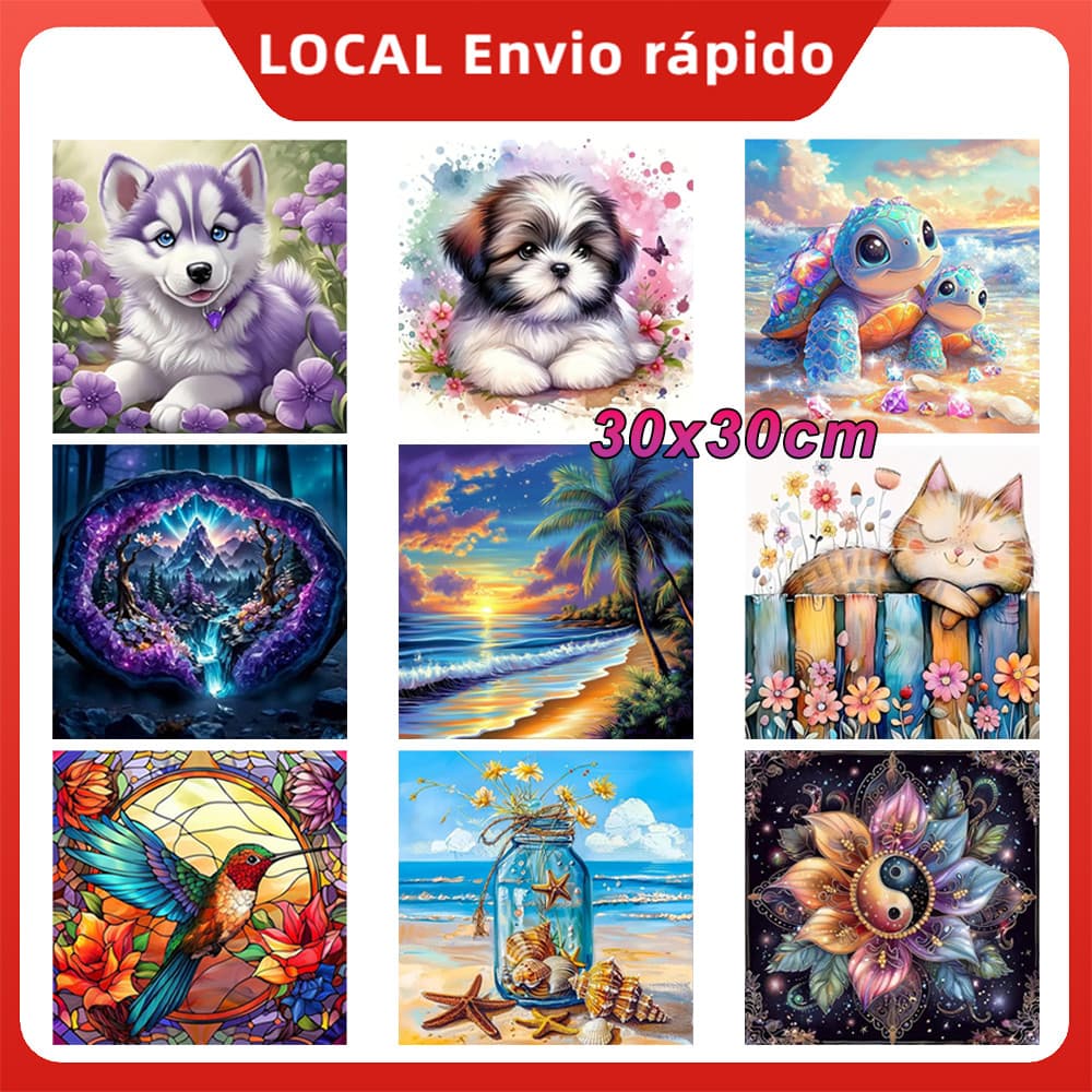 Conjunto Terapêutico Pintura de Diamante 5D 30x30cm Quadrada, Kit Anti-Stress Completo