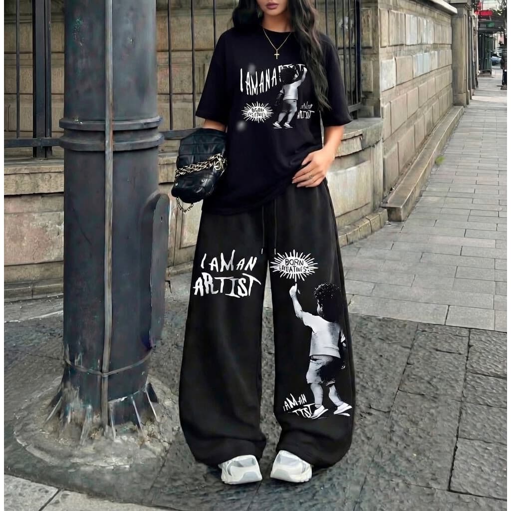 Conjunto Fashion Streetwear Camiseta Oversized Artist + Calça Moletom Wide Leg