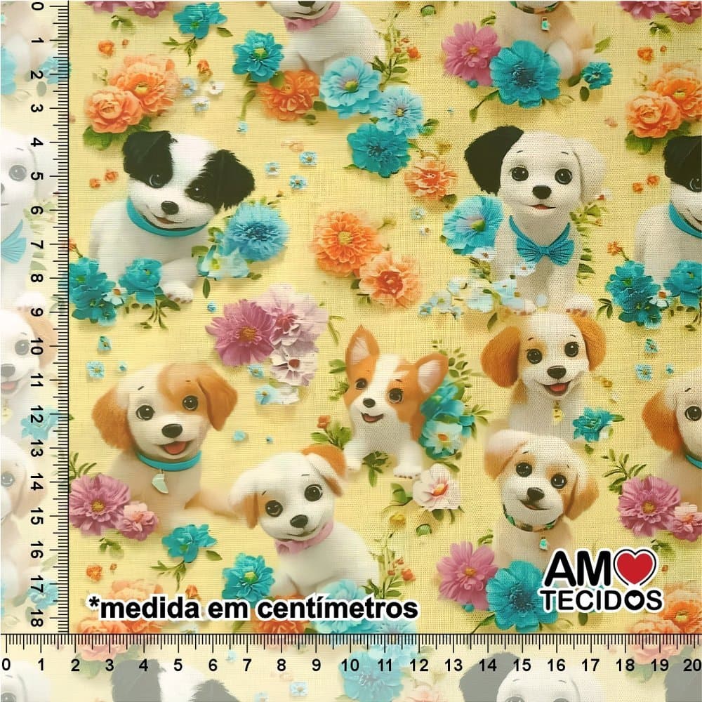 Tecido Tricoline 100% Algodão Cachorro Floral 50x150cm Patchwork Laços Artesanato Pet