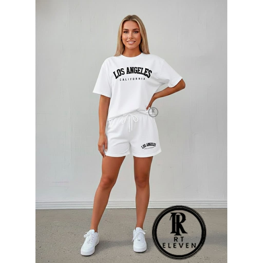 kit conjunto "FEMININO " Los Angeles  short moletom + blusinha 100% algodão feminina camiseta e shorts academia treino