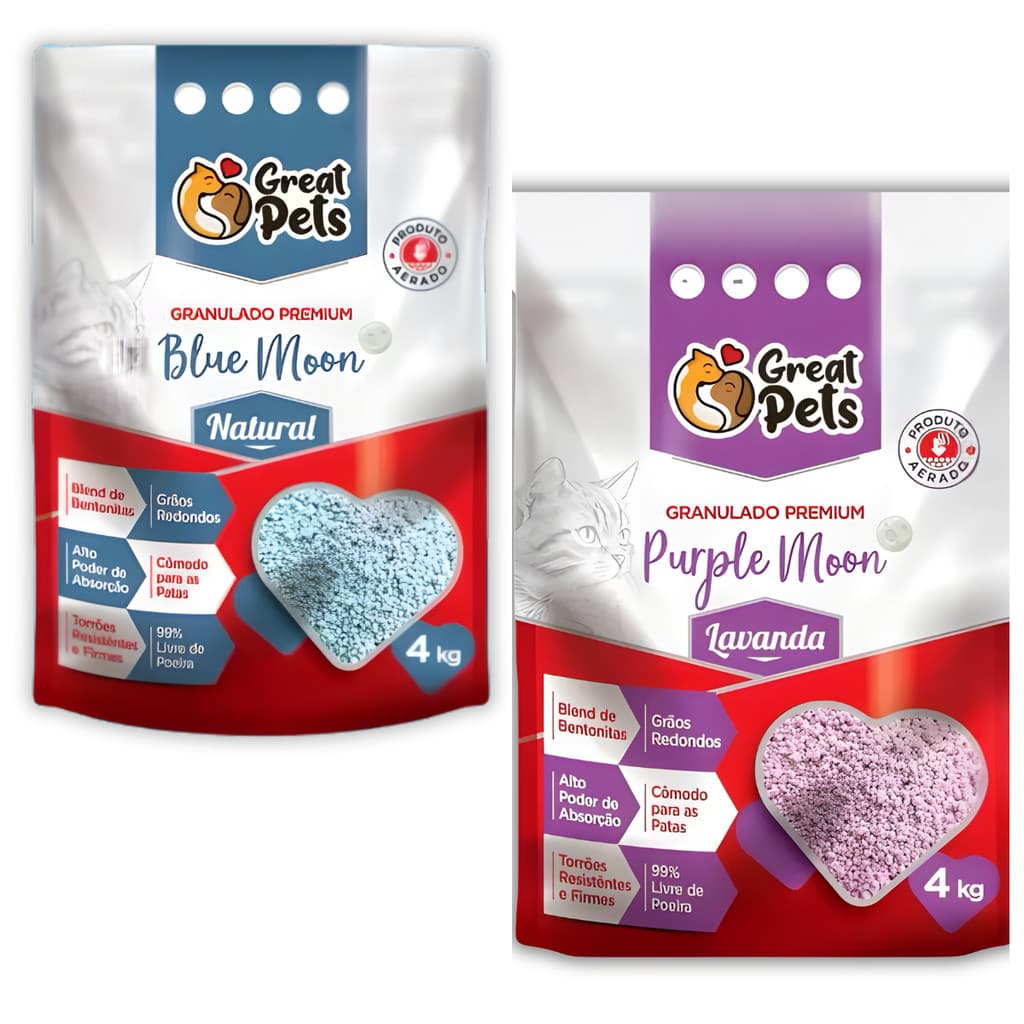Kit Areia Sanitária para Gatos Great Pets Kit 2 Unidades 4kg Cada Bentonite Premium Blue Moon e Purple Moon