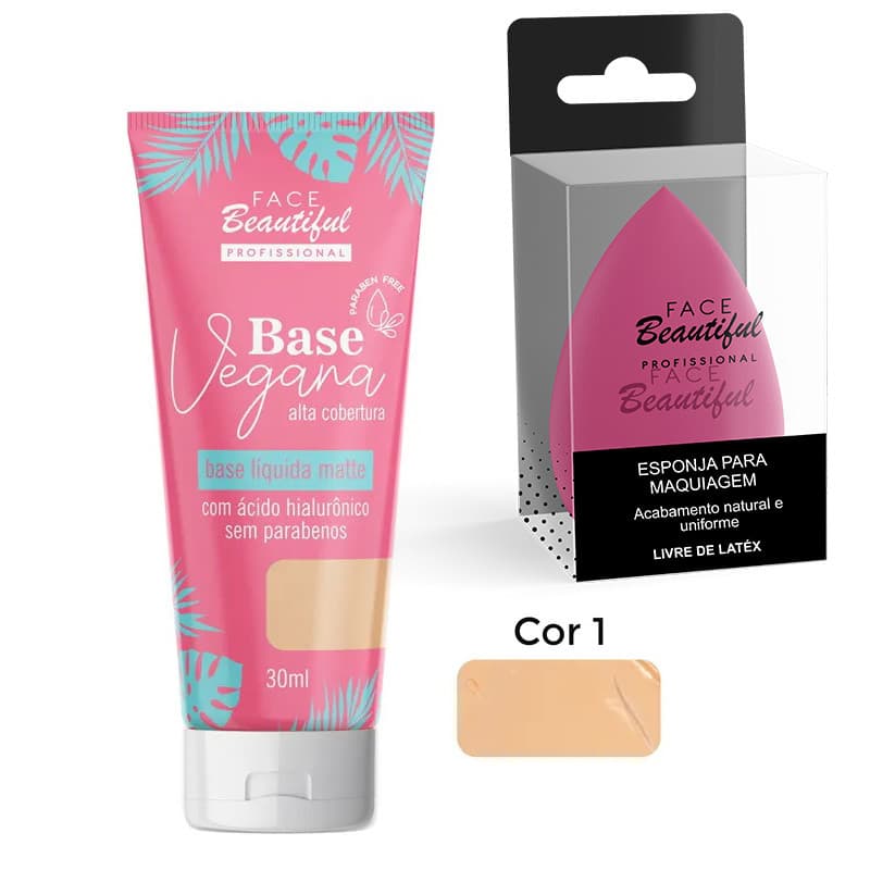 Kit Base Liquida Vegana Alta cobertura com Esponja para maquiagem Face Beautiful 30ml