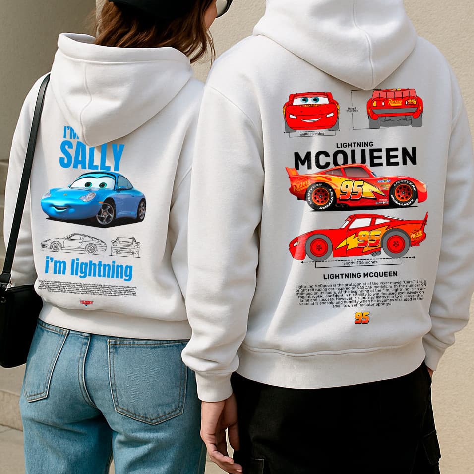 Moletom casal Relâmpago Mcqueen e I'm Sally Lightning Blusa de frio Masculina e Feminina Filme Carros Vintage Unissex