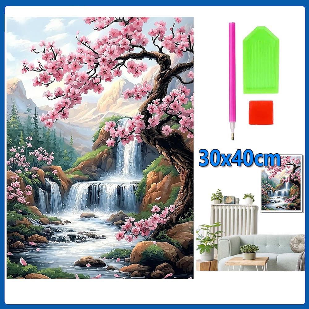 30x40cm Montanha com flores de cerejeira Pintura Diamante Pintura de Diamante De Pintura Conto De Quadrado 5D Kits