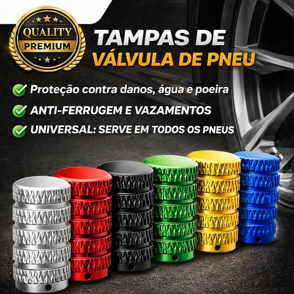 Kit Tampa Bico de Válvula Pneu Metal Alumínio Premium Universal proteção Carro Moto Bike