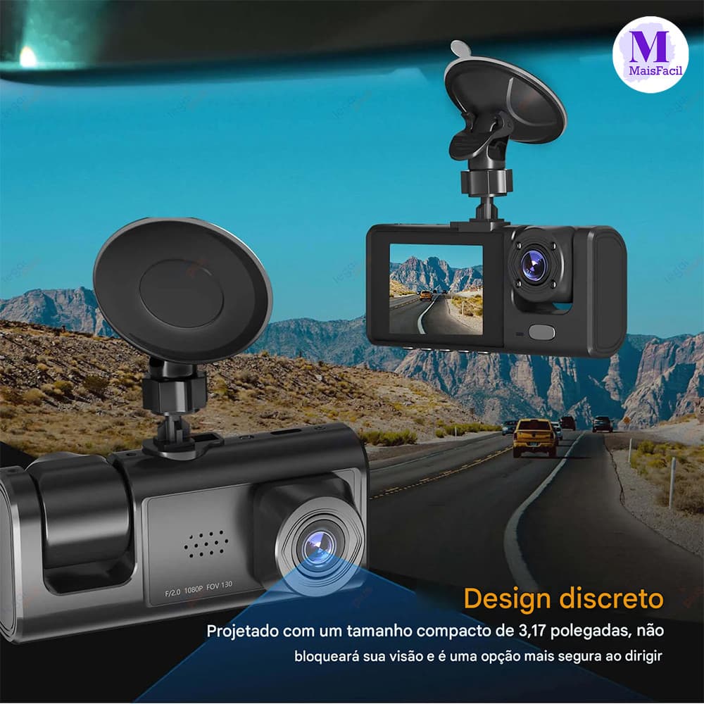 Câmera DVR WiFi 64GB, Espelho Retrovisor 3 Lentes, Gravação 1080P HD e Vigilância de Estacionamento 24h