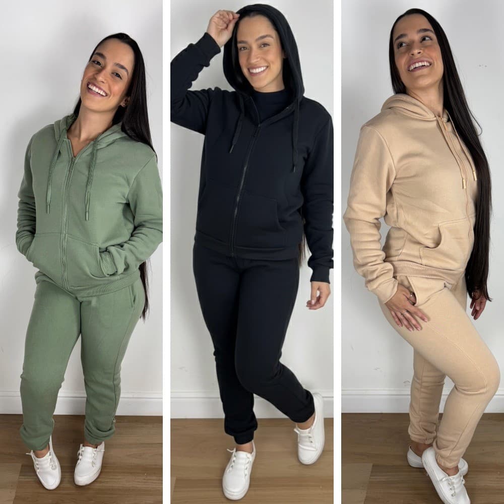 KIT COM 3 CONJUNTOS DE MOLETOM FEMININO — economia, conforto e look pronto para o inverno