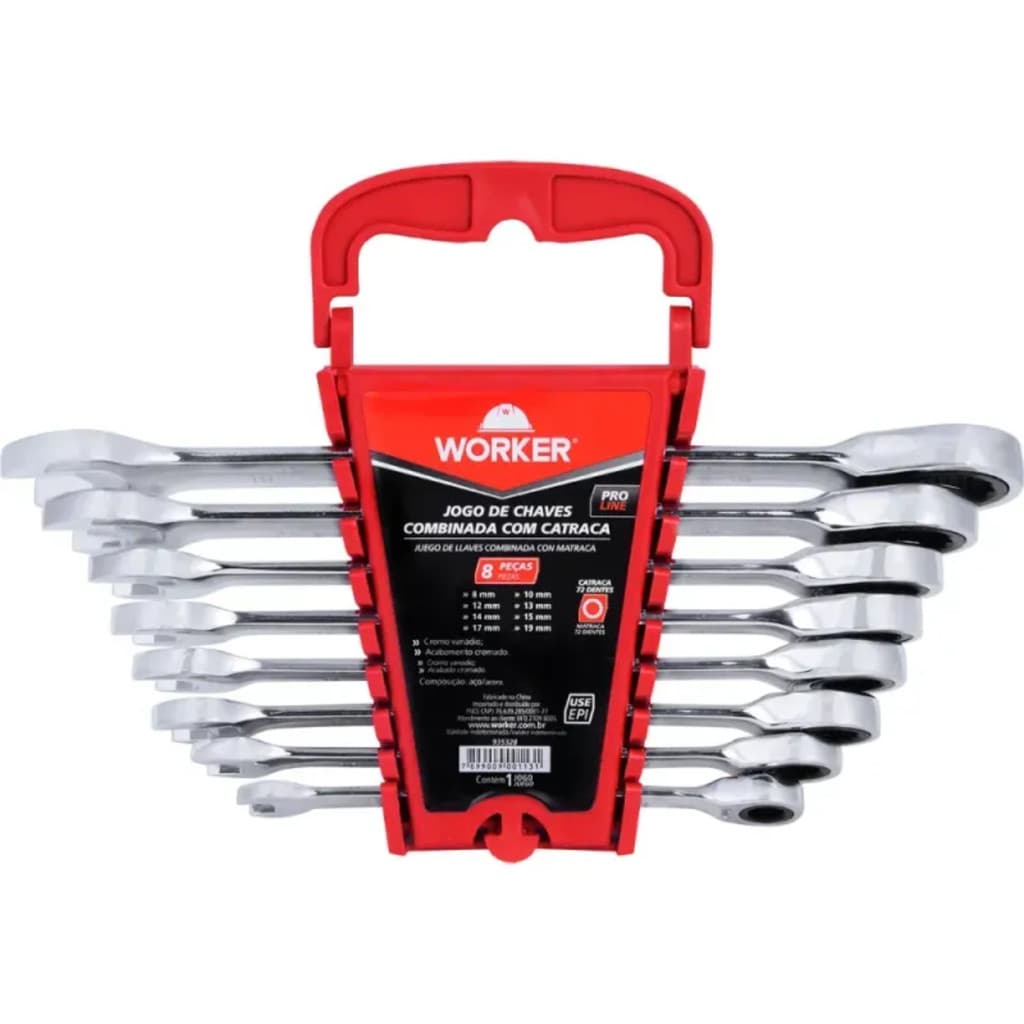 JOGO CHAVE COMBINADA CATRACA 8-19mm 8P WORKER