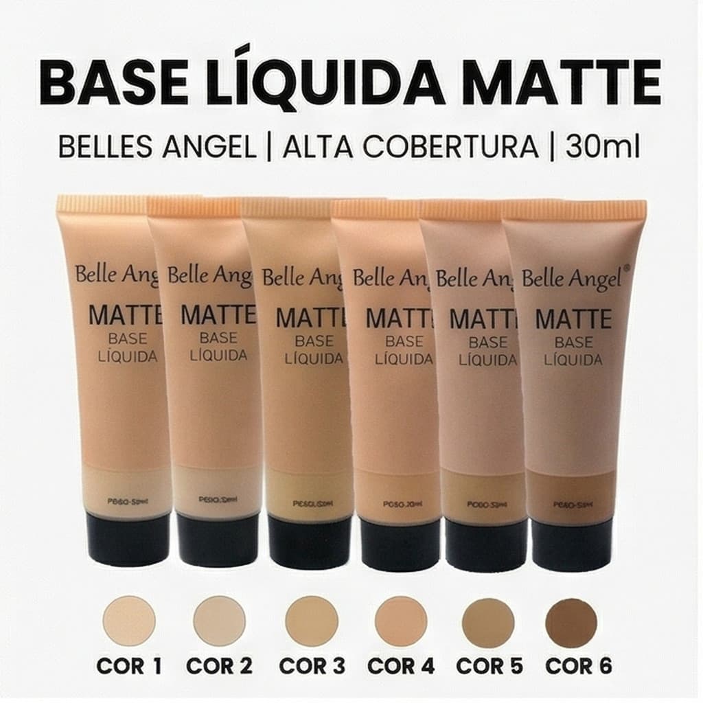 Base Matte Líquida Belle Angel 6 Cores Custo-Benefício Cobertura Natural Make