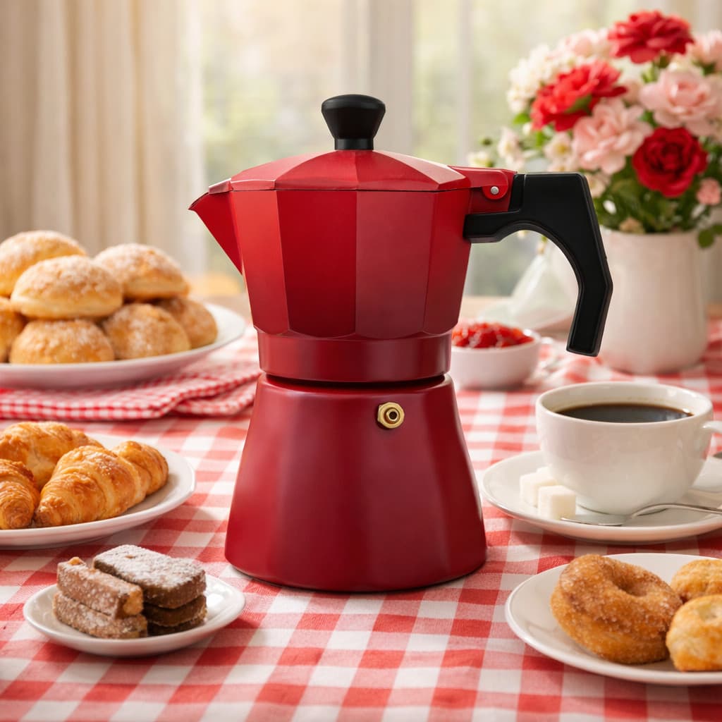 Cafeteira Moka Italiana Vermelha 3 Xícara Alumínio Café Forte Expresso Cozinha Fogão