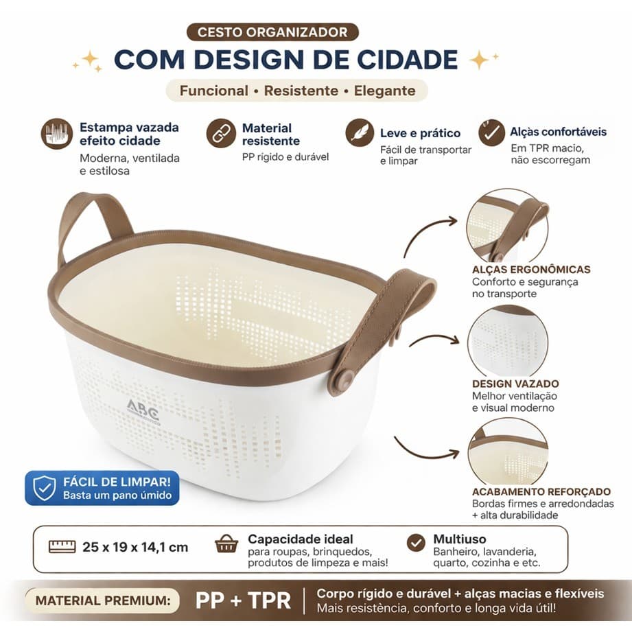 Cesto Organizador Pequeno Multiuso com Alças Flexíveis | Resistente e Moderno | Ideal para Roupas, Banheiro e Lavanderia
