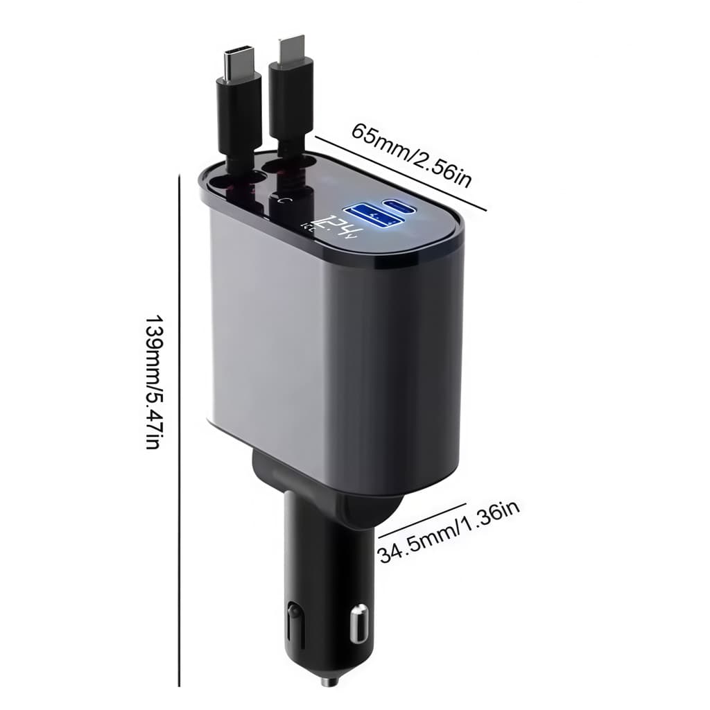 Carregador Veicular Retrátil 4 em 1 - Turbo 60W Conector Articulado 180° e Display Digital BINGO