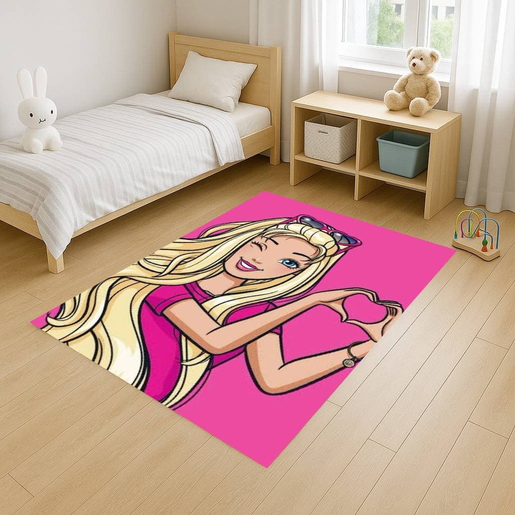 Tapete Retangular 100x140 Antiderrapante Barb Boneca Rosa Familia Infantil Desenho Decoração Quarto Sala