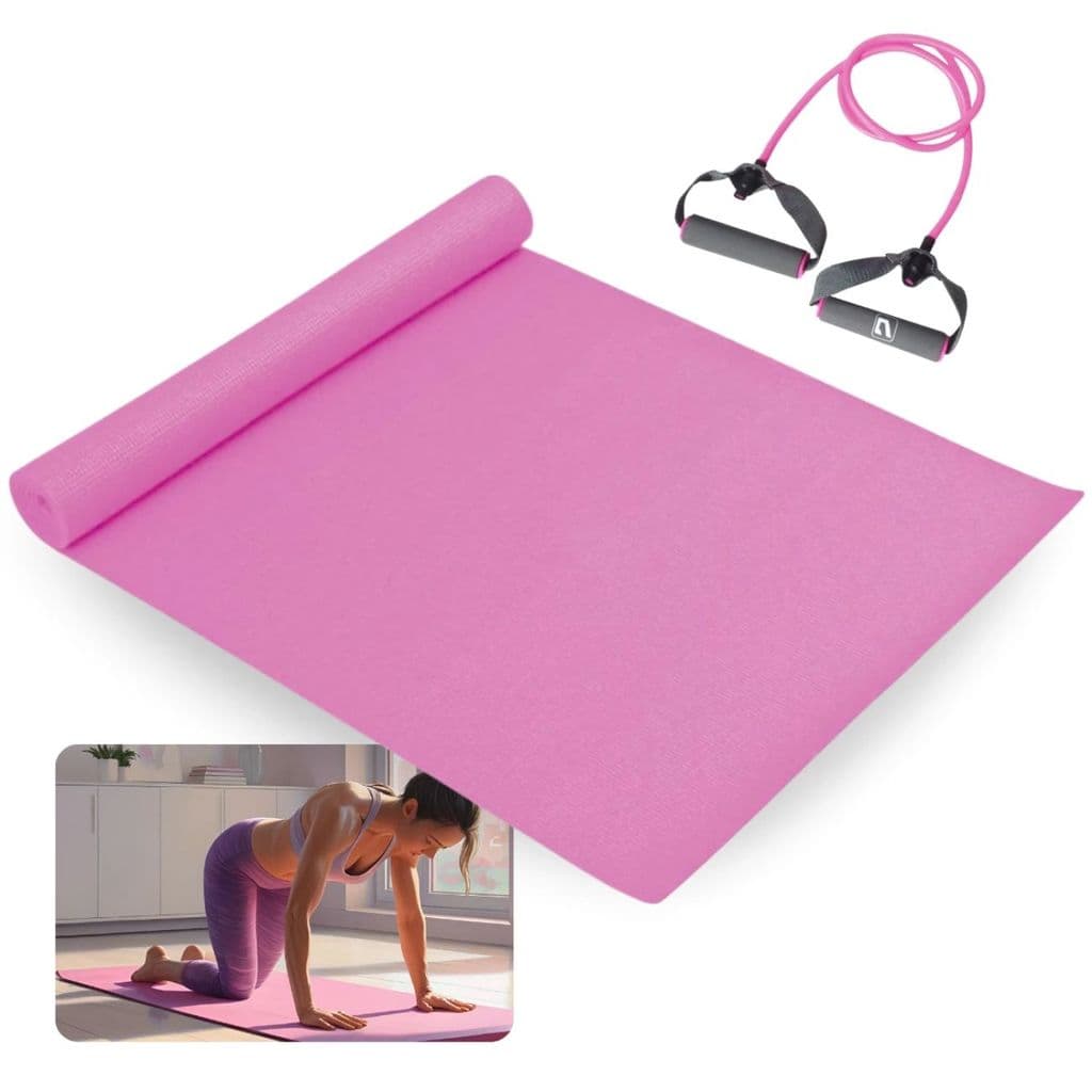 Kit Colchonete Eva Rosa 1,73m + Extensor Elástico Tensão Leve Pilates Yoga Treino Fitness Academia