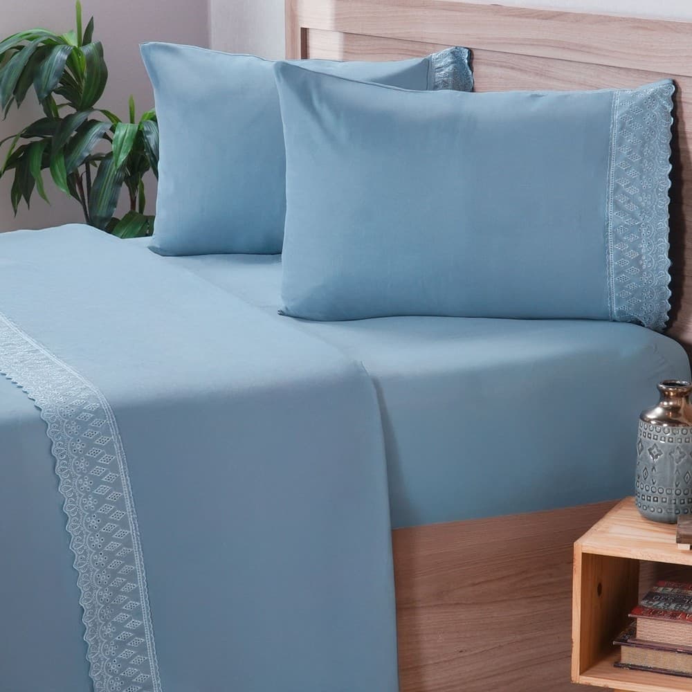 JOGO DE CAMA BRODERIE MICROFIBRA 4 PEÇAS CASAL AZUL ACERO CASAL