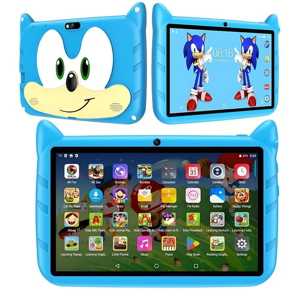Tablet Infantil Sonic 64GB Android 13 Tela 7 Pol WiFi Dual Capa Antiqueda Suporte E Caneta Touch