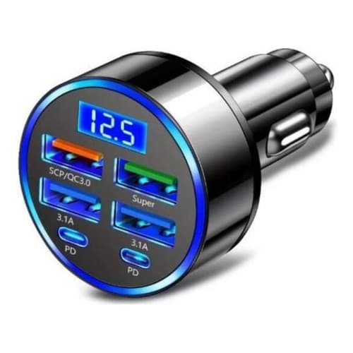 Adaptador Usb Tomada 12v Carro Carregador + 6 Portas Celular Preto Veicular Isqueiro Automotivo