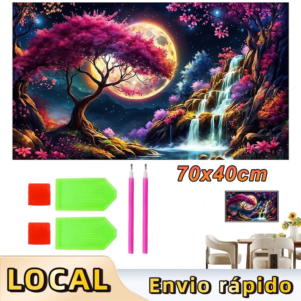 Kit Completo de Pintura de Diamante 5D Quadrada 70x40cm, Arte Terapêutica Anti-Stress,Cachoeiras do Luar