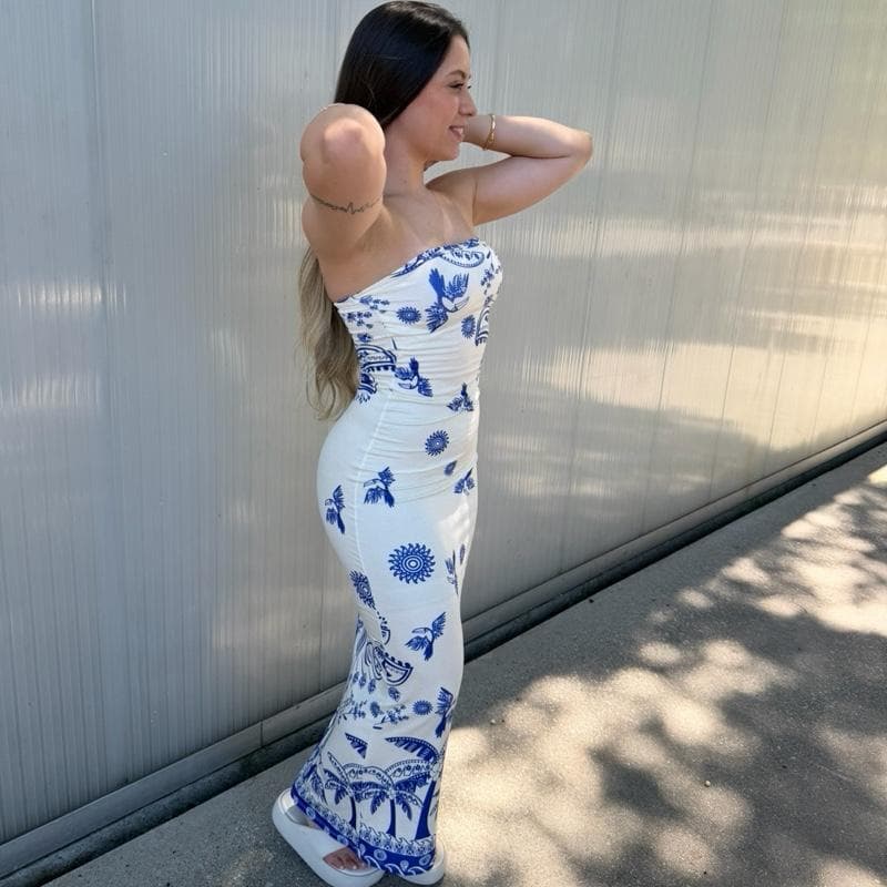 Vestido Acinturado Longo Feminino Tomara Que Caia Verão Tropical Floral + Coqueiro