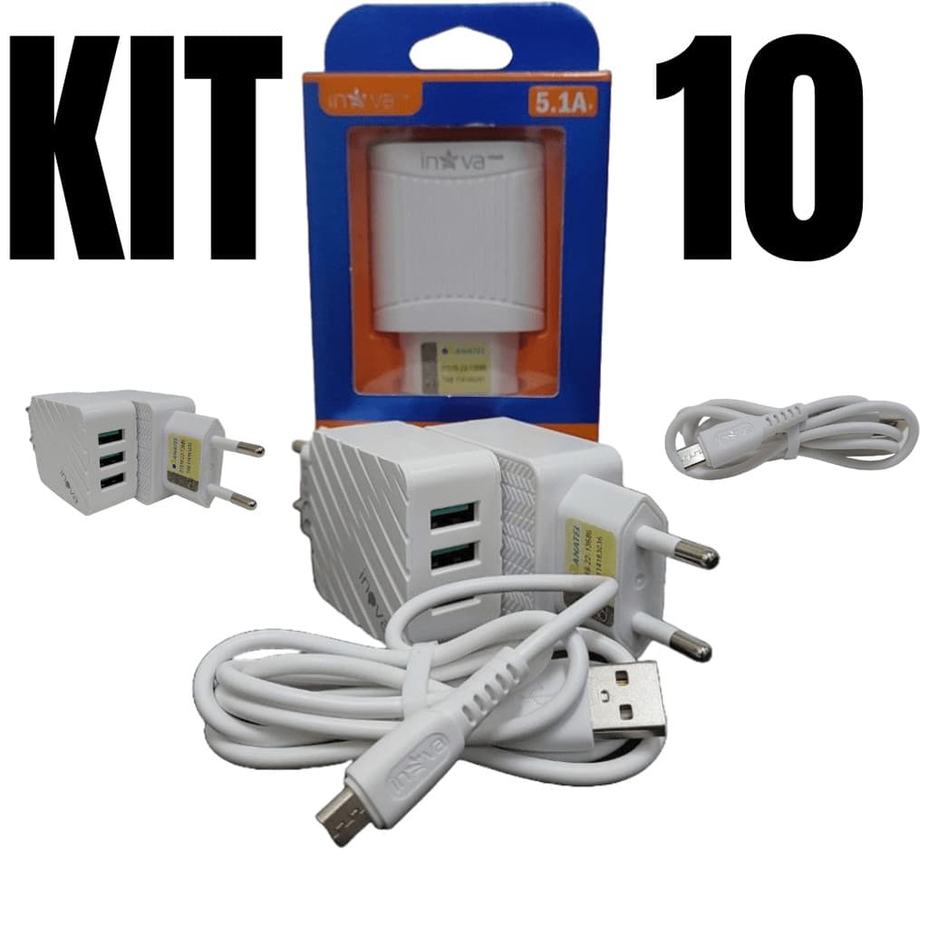 Kit 10 carregadores v8 android celular 3 entradas usb fonte tomada 5.1a turbo rápida