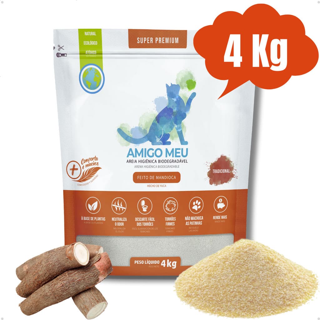 Areia Sanitária Higiênica de Mandioca para Gatos Biodegradável Natural Tradicional Amigo Meu 4 kg