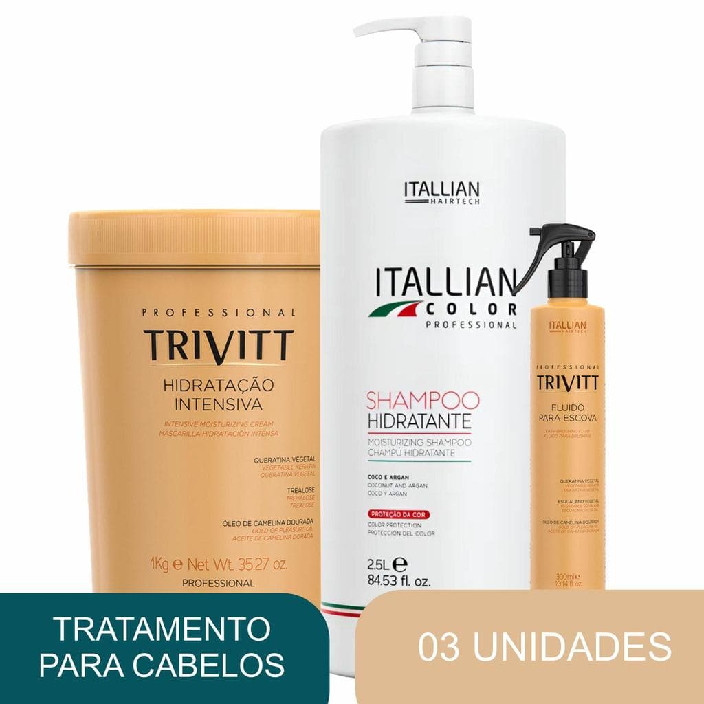 Kit Shampoo Hidratante Itallian Color 2,5L + Hidratação Intensiva 1Kg Trivitt +Fluído Pré Escova Trivitt