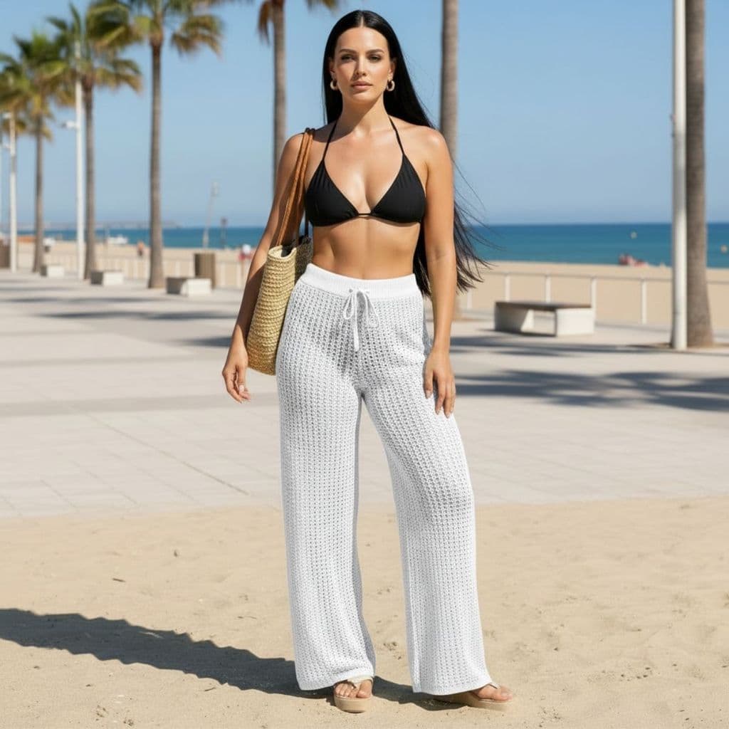 Calça Tricô Saída De Praia Feminina Pantalona C/ajuste Canga Piscina Perfeito Confortável Verão
