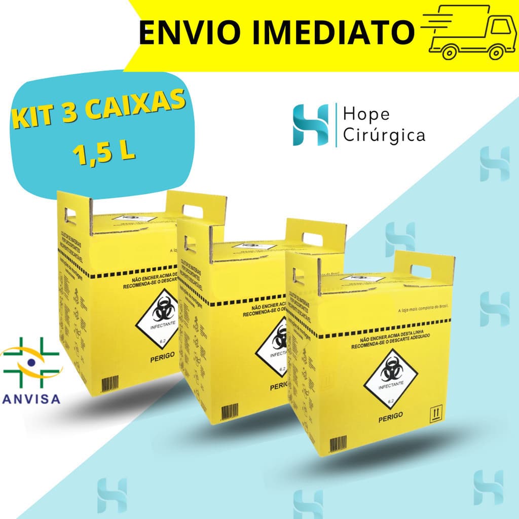 KIT 3 CAIXAS - Caixa Perfuro Cortante Coletor (1,5-Litros)