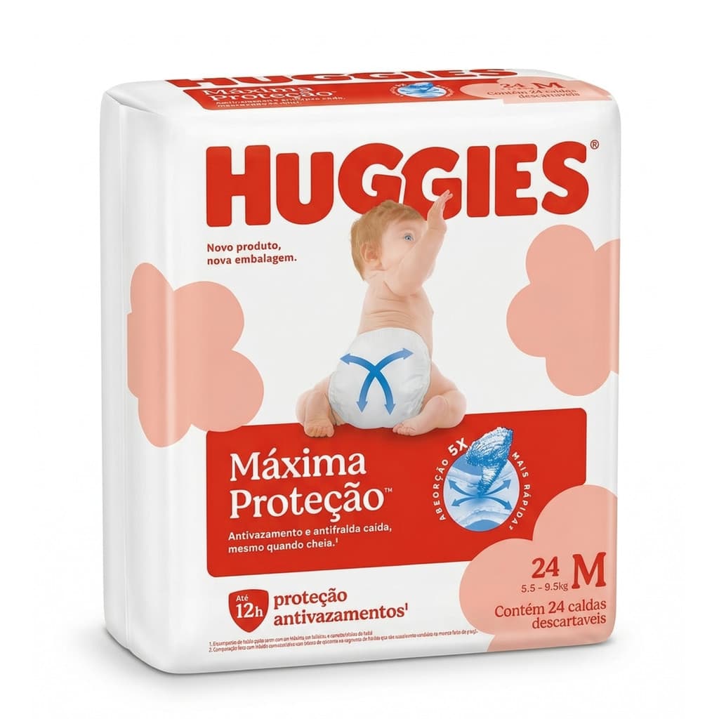 Fralda Huggies Máx Proteção M 24 Un. Canais de Absorção 12h 