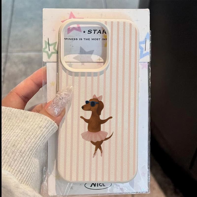 Listrado Ballet Dachshund Textura De Couro Caso Telefone Para IPhone 16 17 15 14 13 12 11 Pro Max Plus 16E XS Capa