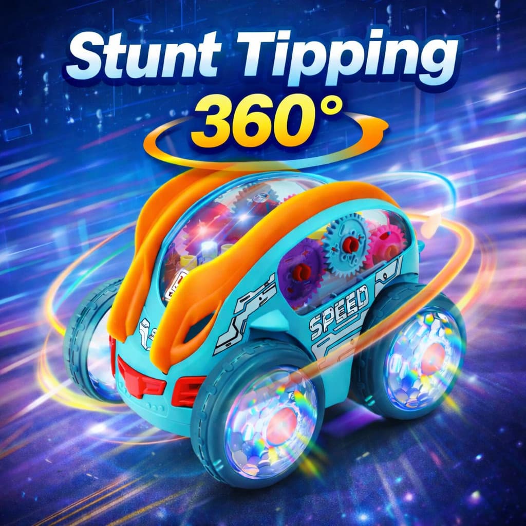 Carrinho Stunt Tipping Gira 360º Com Luzes Led Coloridas Carro Brinquedo Infantil Para Manobras Radicais Verde C Laranja