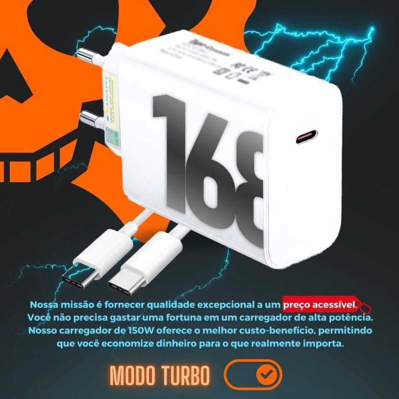 Carregador 168W Com Cabo Tipo C 6A Carga Rápida Power