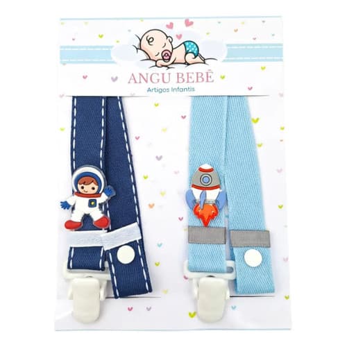 Kit Com 2 Prendedor De Chupeta Com Clipe Trava Bico Acessório Enxoval Bebê Astronalta Angu Bebê 