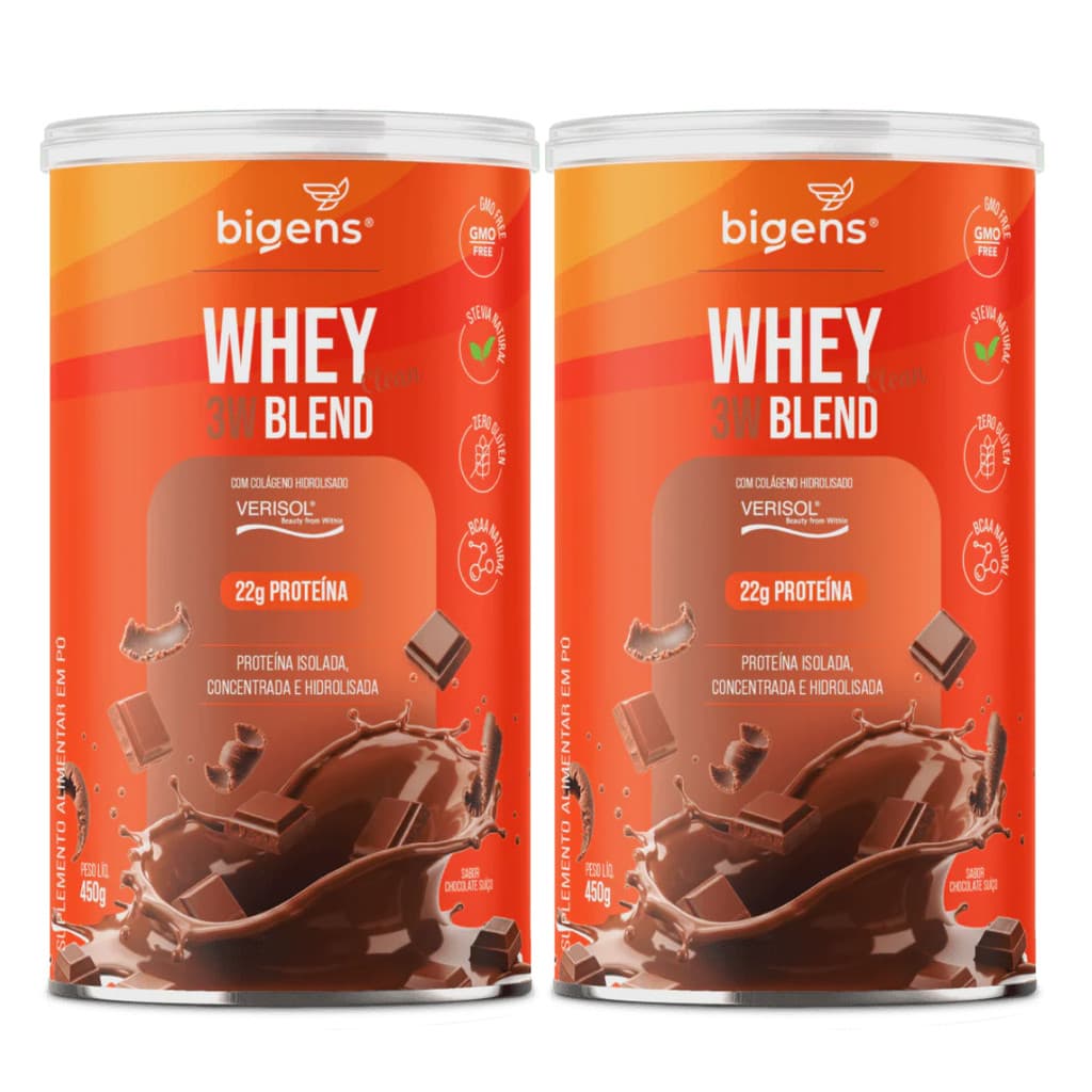 2x Whey Protein 3W Blend Clean Bigens Chocolate Suíço 450g